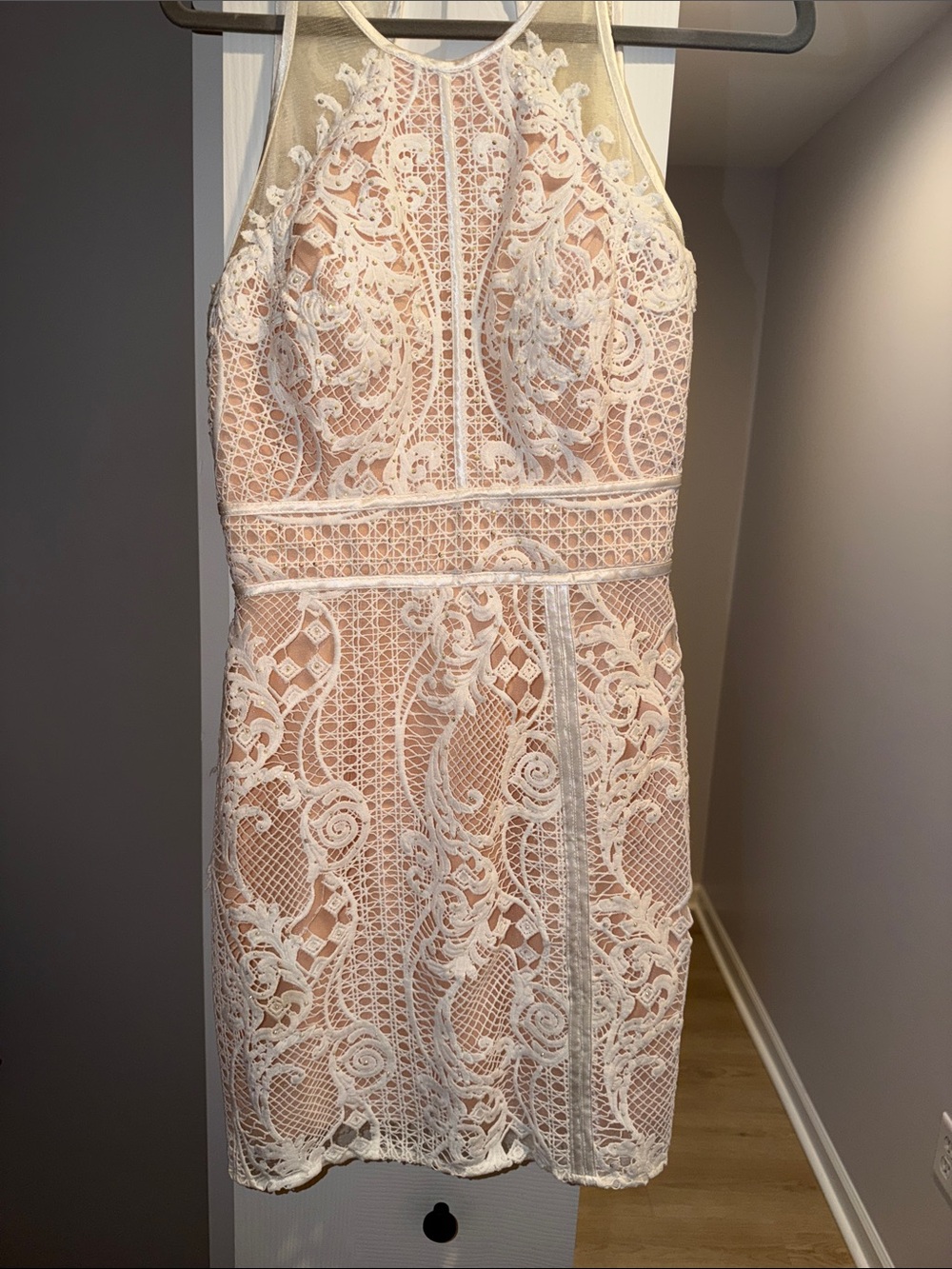 ellie wilde White Lace Mini Dress with Blush Lining